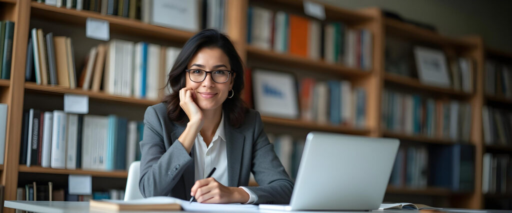 Mujer profesional alegre con lentes sentada en un escritorio en una biblioteca.